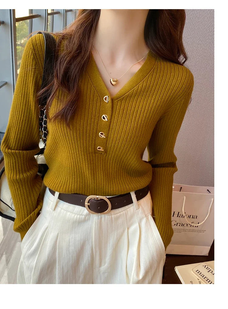 2024 Autumn Winter Women Sweaters Casual Slim Button Knitted Pullover Sweater Femme Basic Solid Jersey Tops Fashion Clothes
