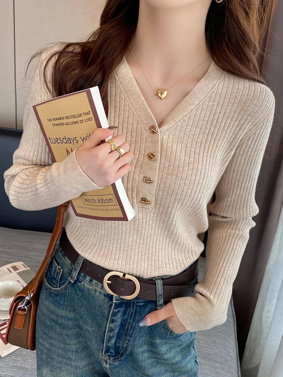 2024 Autumn Winter Women Sweaters Casual Slim Button Knitted Pullover Sweater Femme Basic Solid Jersey Tops Fashion Clothes