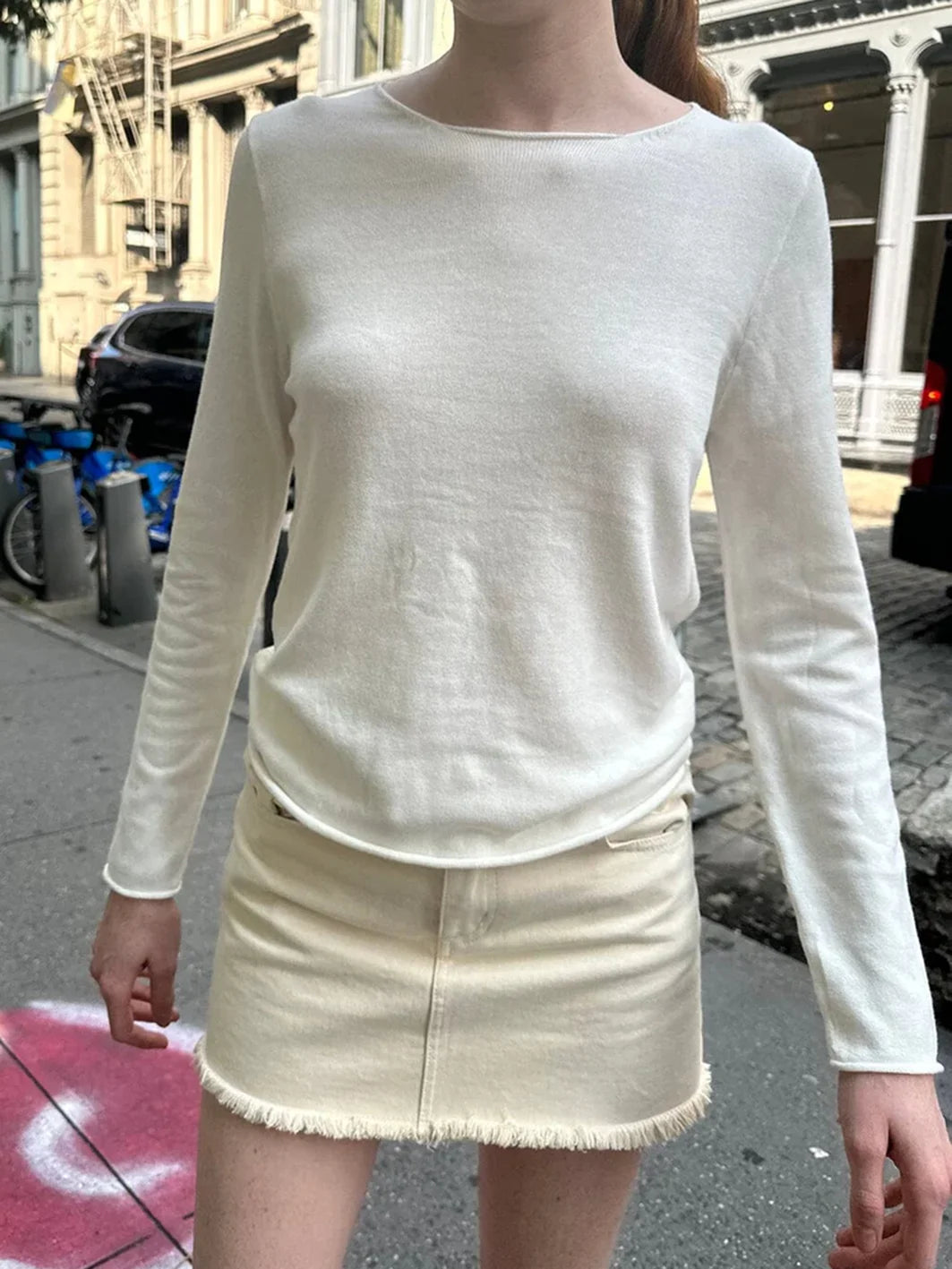 Raw Hem Navy Long Sleeve T-shirt Autumn Sweet Round Neck Cotton Tee Shirt For Woman Casual Vintage Streetwear Cute Tshirt Top
