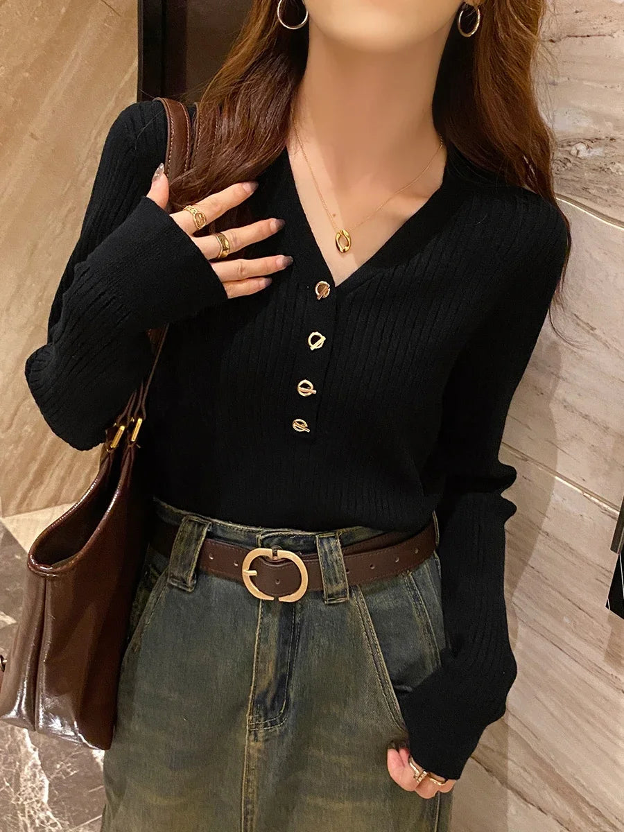 2024 Autumn Winter Women Sweaters Casual Slim Button Knitted Pullover Sweater Femme Basic Solid Jersey Tops Fashion Clothes