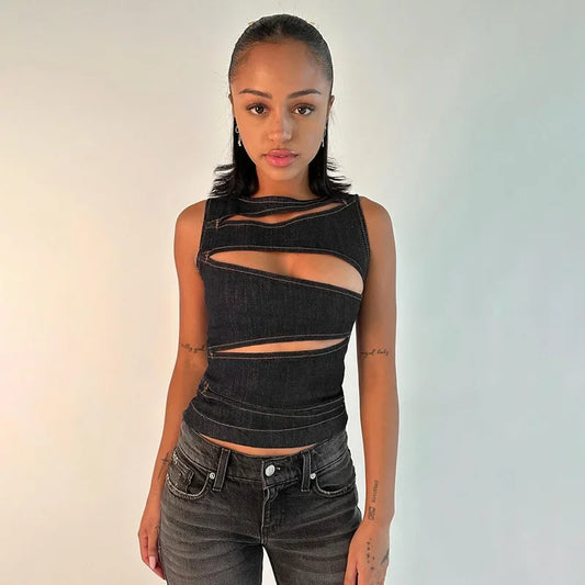 Hollow Out Vintage Denim Crop Top