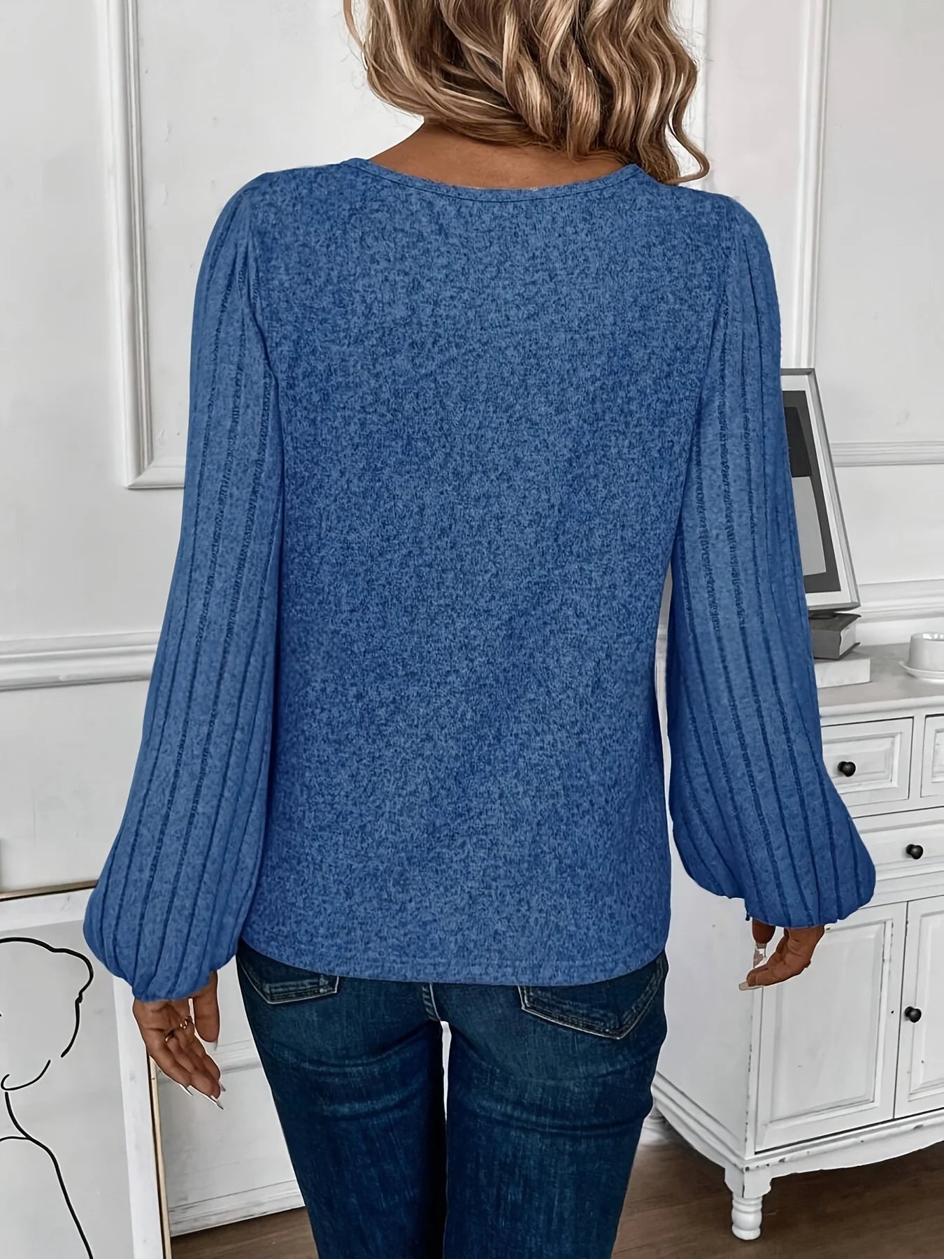 Ribbed Sleeve V-Neck Sweater